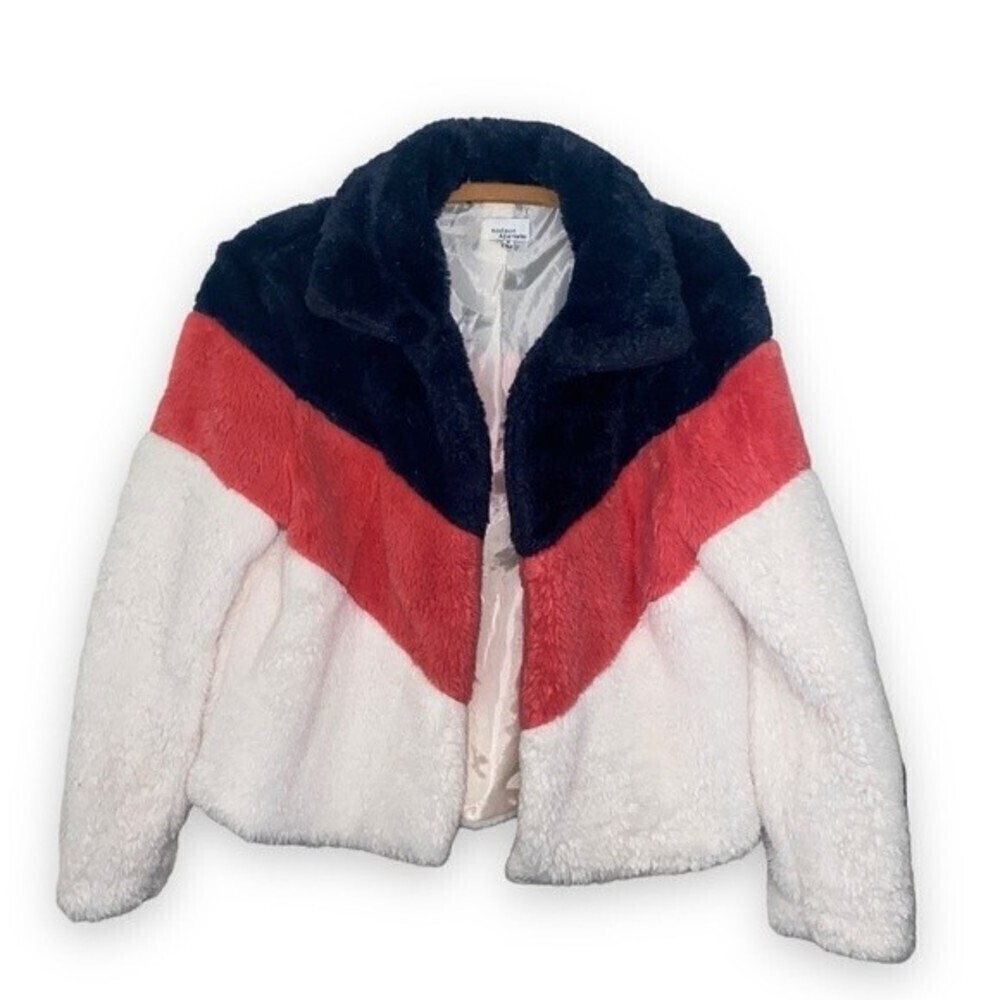 Madison & Berkeley Teddy Coat Open Front Faux Fur Jacket Chevron Striped Fuzzy